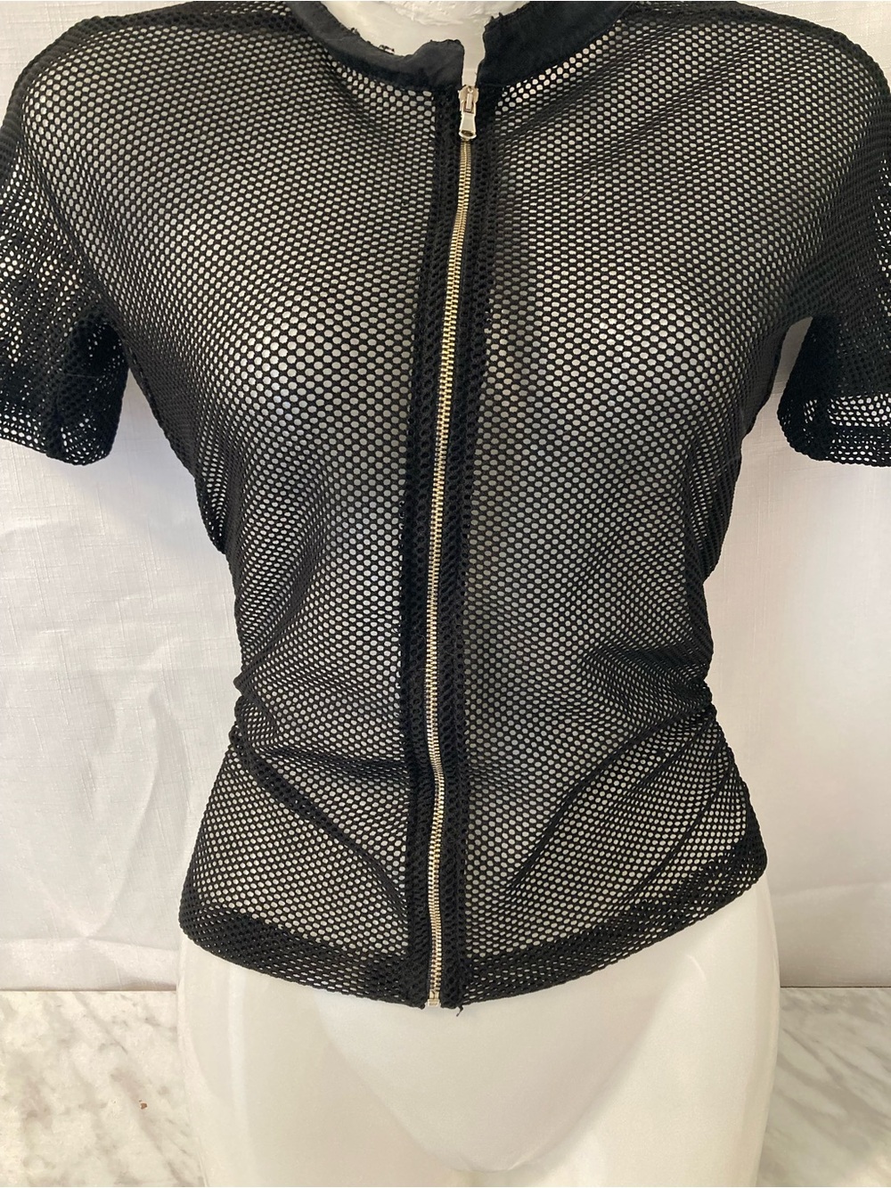 Black Sheer Mesh Zip Front Fitted Top Y2K Goth Size S